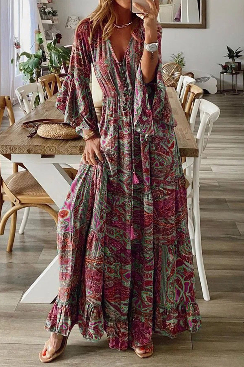 Bohemian V-Neck Dress with Flared Sleeves