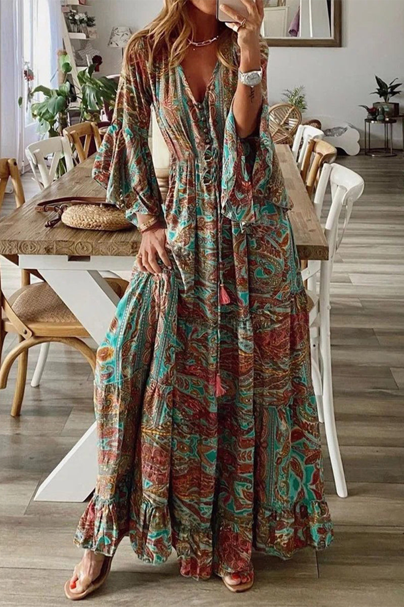 Bohemian V-Neck Dress with Flared Sleeves