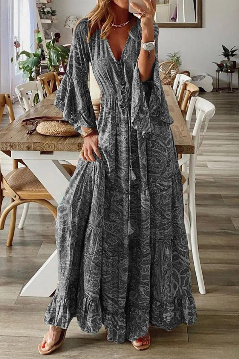 Bohemian V-Neck Dress with Flared Sleeves