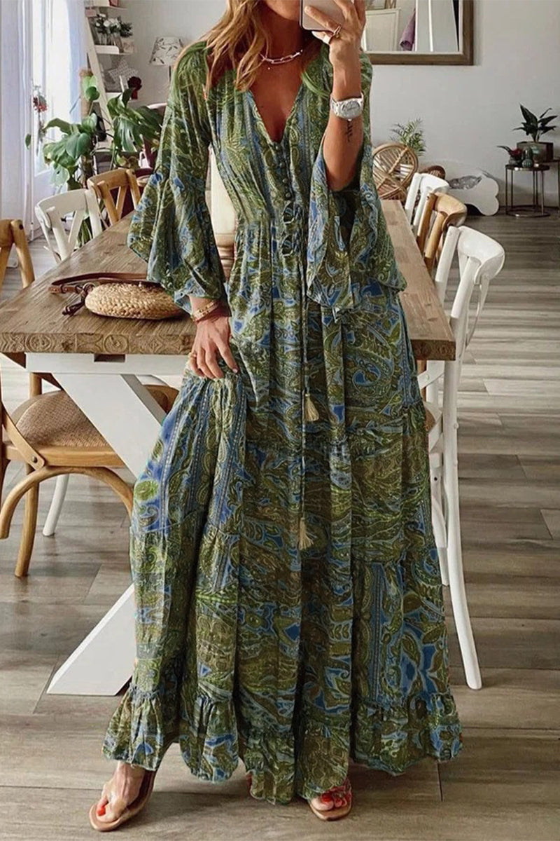 Bohemian V-Neck Dress with Flared Sleeves