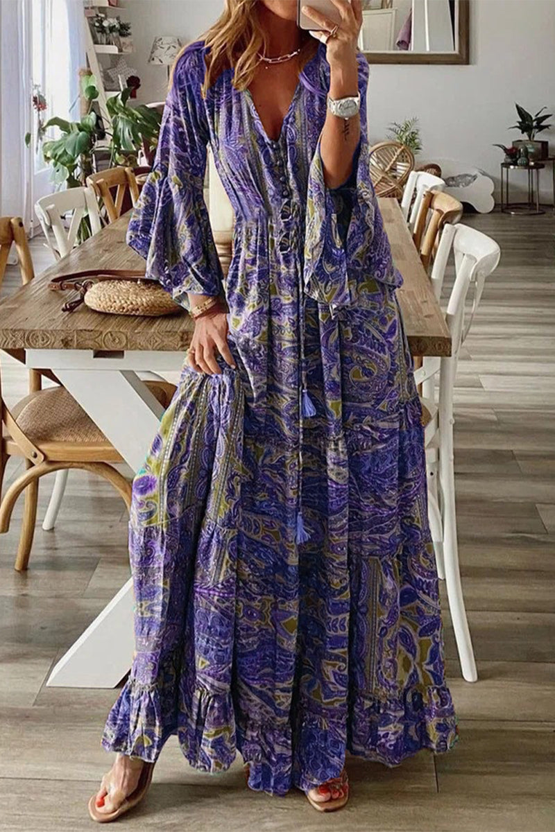 Bohemian V-Neck Dress with Flared Sleeves