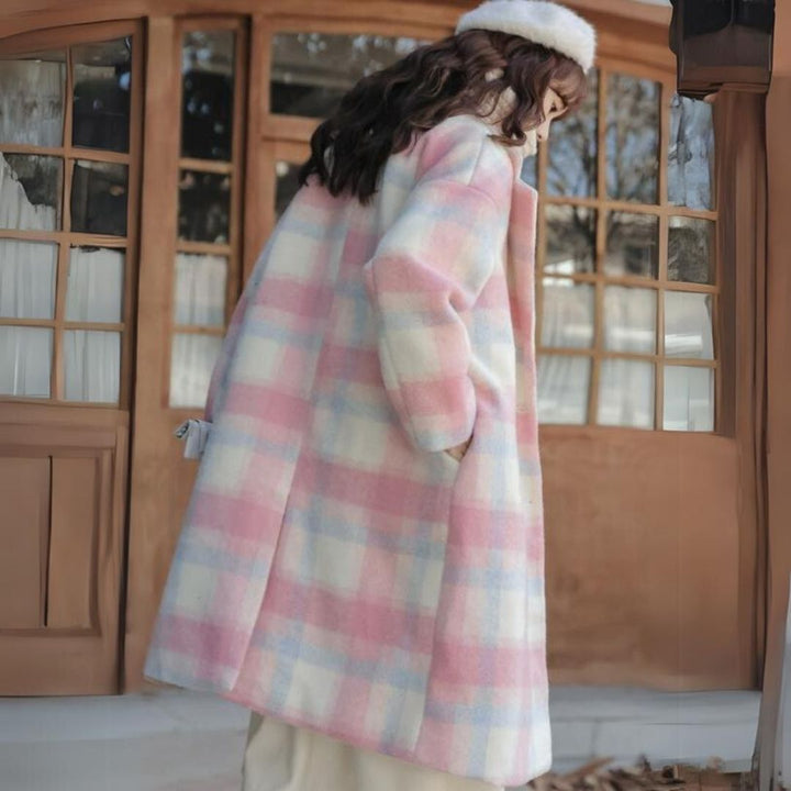 Damira - Women's Wool Blend Coat with Pastel Check Pattern