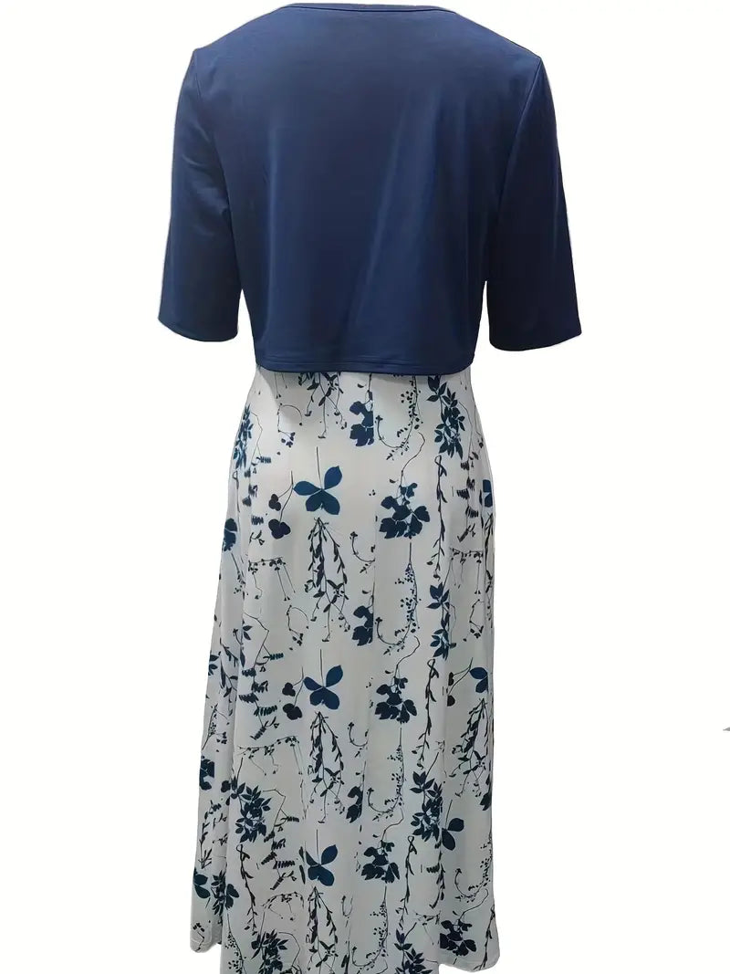 Chic Floral Two-Piece Set with Solid Crop Top and Round Neck