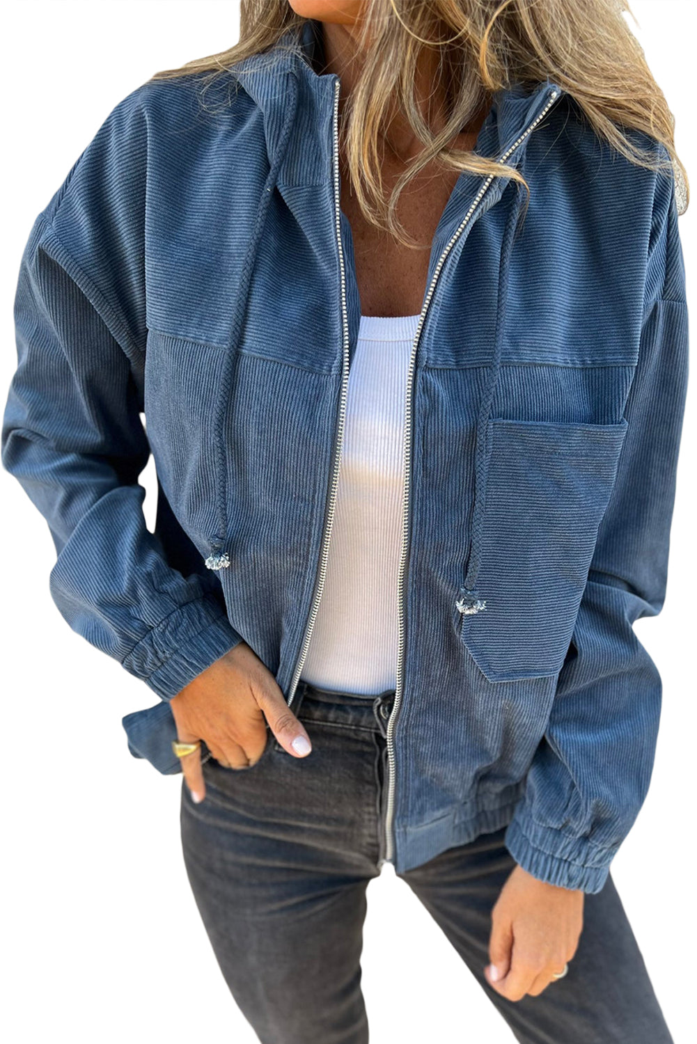 Veste à Capuche Teal avec Fermeture Éclair et Cordon de Serrage