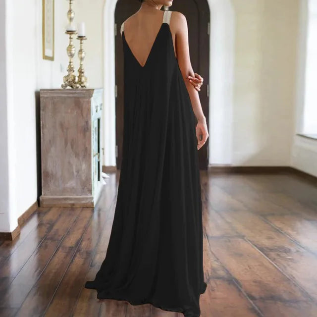 Chloë - Robe Maxi Bohème Sans Manches pour Femme, Col en V, Unie et Ample pour l'Été