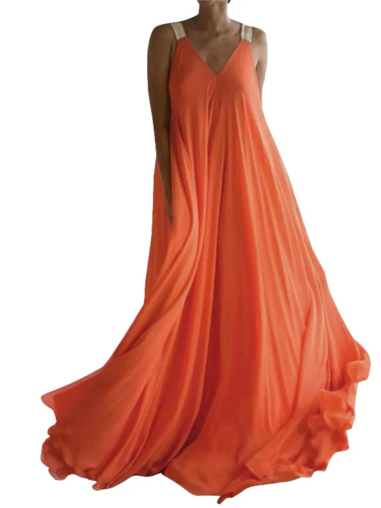 Chloë - Robe Maxi Bohème Sans Manches pour Femme, Col en V, Unie et Ample pour l'Été