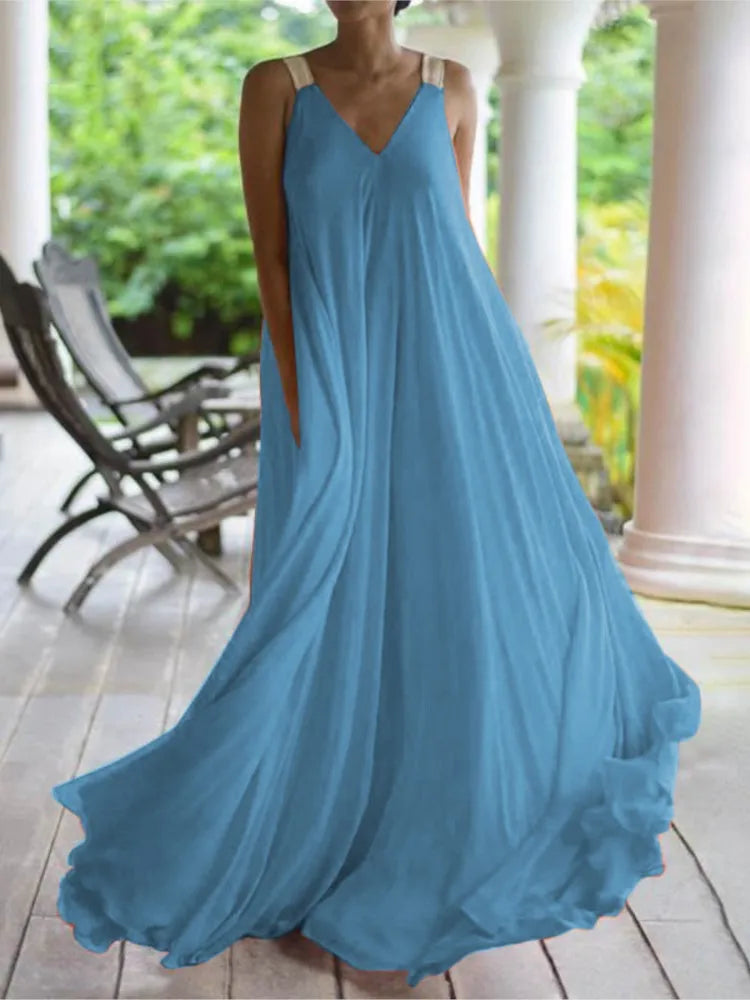 Chloë - Robe Maxi Bohème Sans Manches pour Femme, Col en V, Unie et Ample pour l'Été