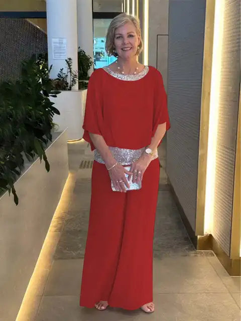 Élégant Ensemble de Soirée : Haut Scintillant et Pantalon Palazzo