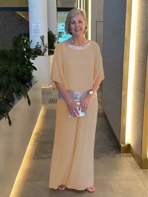 Élégant Ensemble de Soirée : Haut Scintillant et Pantalon Palazzo