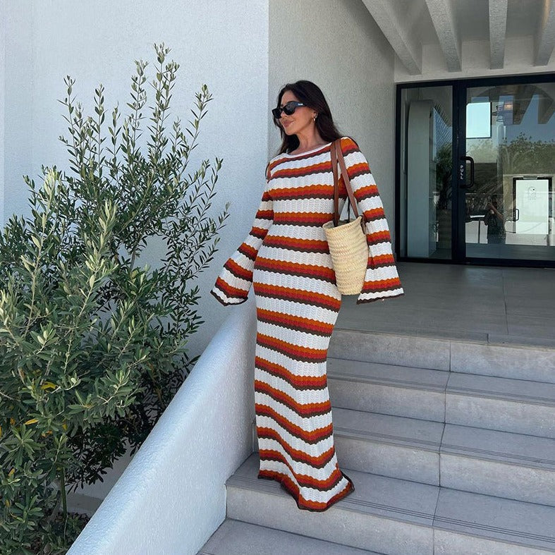 Elegant Striped Knit Maxi Dress